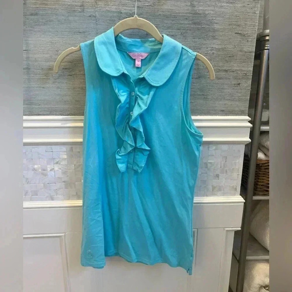 Lilly Pulitzer sleeveless drew collar ruffle top shorley blue medium tank - Picture 3 of 11